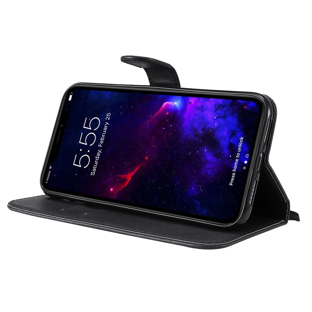 For iPhone 11 Case Solid Color Leather Mobile Cover Wallet Stand with Strap - Black - 6