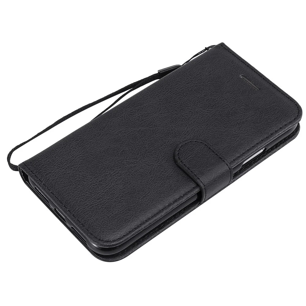 For iPhone 11 Case Solid Color Leather Mobile Cover Wallet Stand with Strap - Black - 7