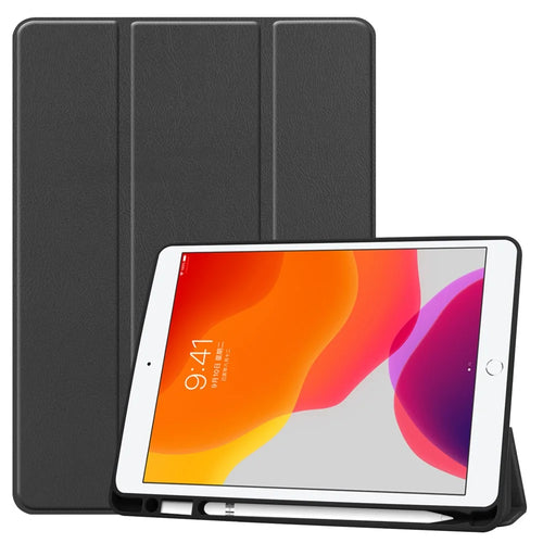 Leather Tablet Cover for iPad 10.2 (2021) / (2020) / (2019) Tri-Fold Stand Protection Case with Pen Slot - Black - 1