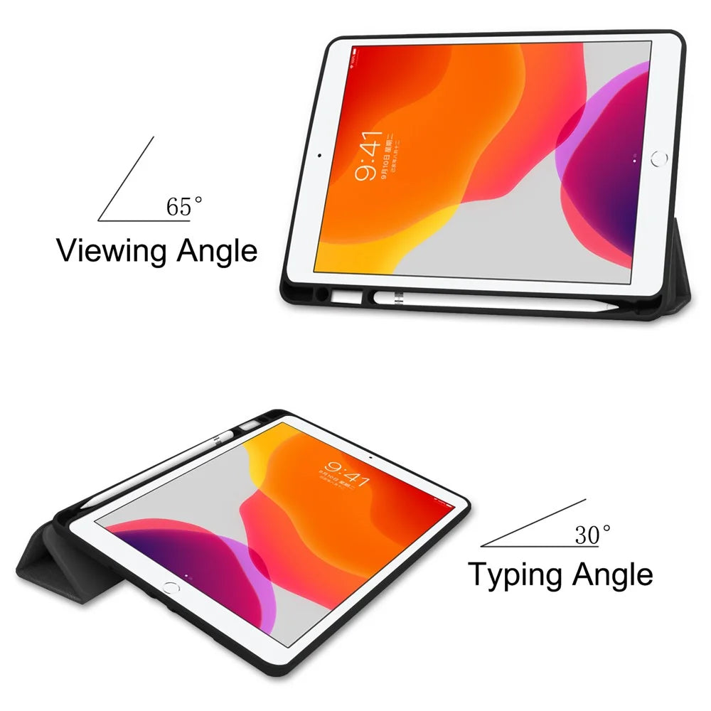 Leather Tablet Cover for iPad 10.2 (2021) / (2020) / (2019) Tri-Fold Stand Protection Case with Pen Slot - Black - 3
