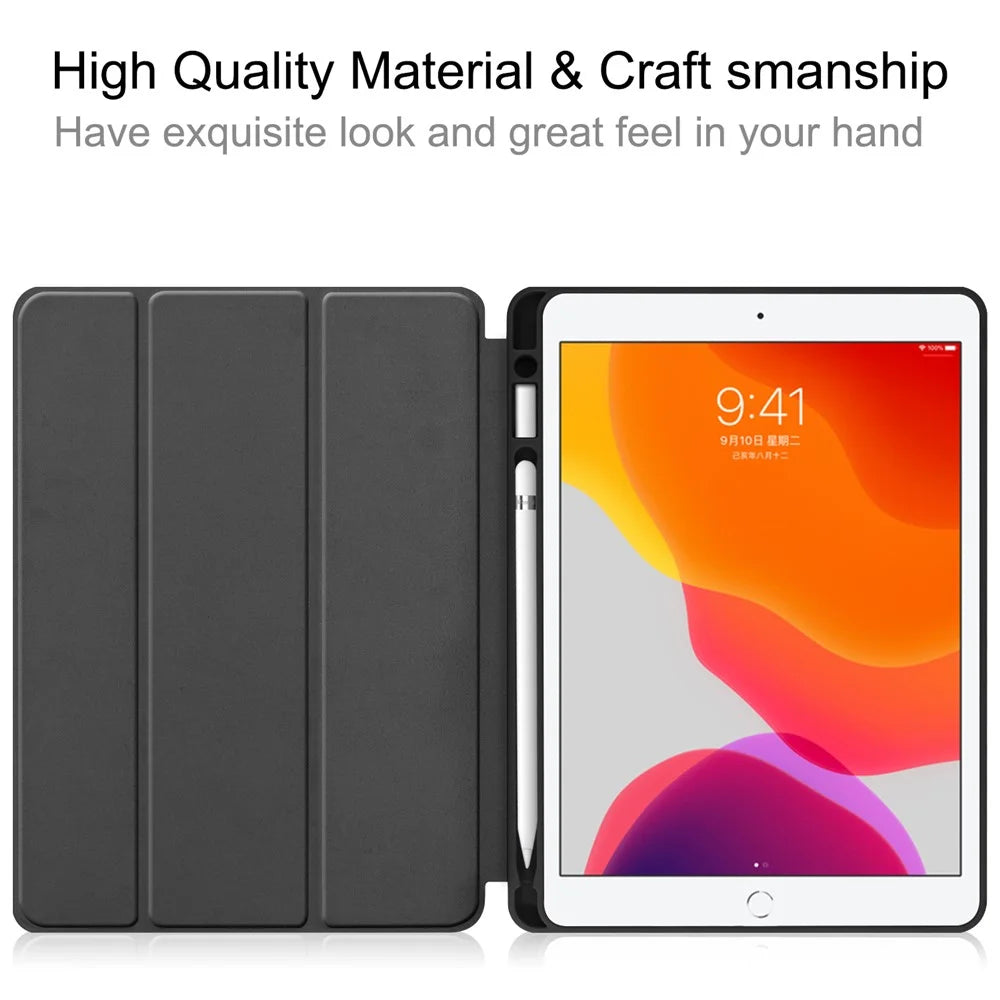 Leather Tablet Cover for iPad 10.2 (2021) / (2020) / (2019) Tri-Fold Stand Protection Case with Pen Slot - Black - 6