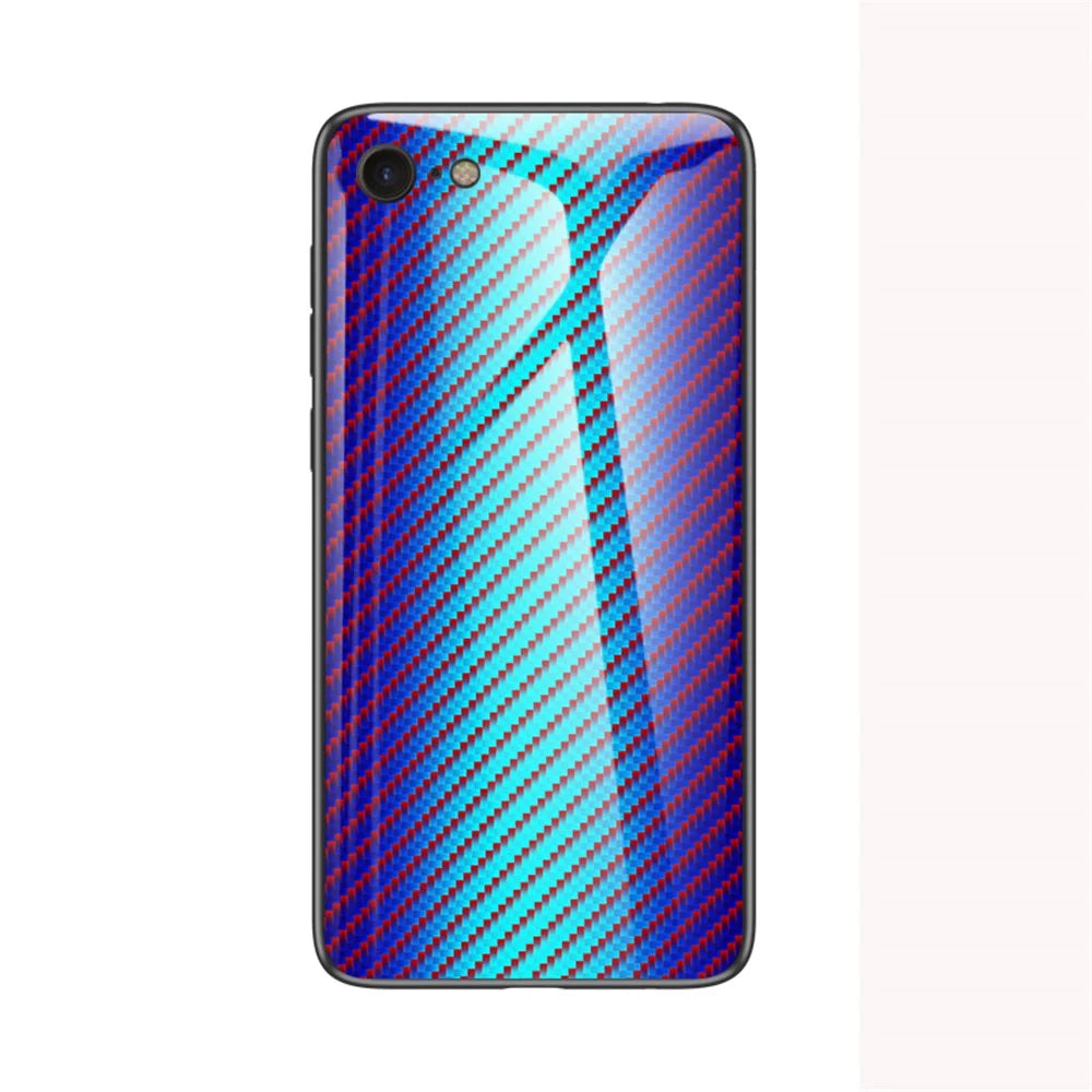 Carbon Fiber Skin Tempered Glass + PC + TPU Cell Case for iPhone 8/7/SE (2020)/SE (2022) - Blue Fiber - 2