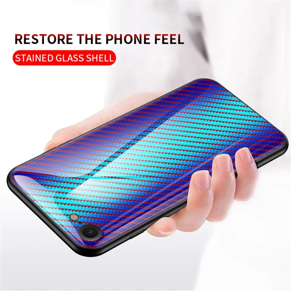 Carbon Fiber Skin Tempered Glass + PC + TPU Cell Case for iPhone 8/7/SE (2020)/SE (2022) - Blue Fiber - 3