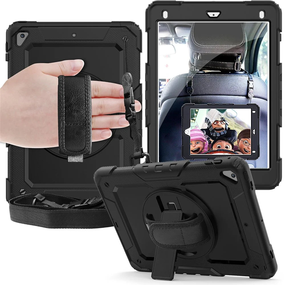 For iPad 9.7-inch (2018)/(2017)/Air 2/iPad Pro 9.7 inch (2016) 360° Swivel Handy Strap Kickstand Tablet Case PC Silicone Cover with Shoulder Strap - All Black - 1
