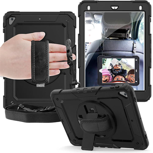 For iPad 9.7-inch (2018)/(2017)/Air 2/iPad Pro 9.7 inch (2016) 360° Swivel Handy Strap Kickstand Tablet Case PC Silicone Cover with Shoulder Strap - All Black - 1