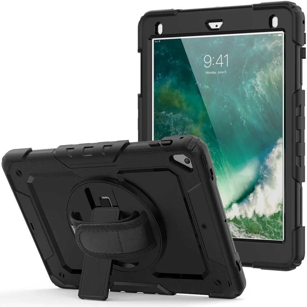 For iPad 9.7-inch (2018)/(2017)/Air 2/iPad Pro 9.7 inch (2016) 360° Swivel Handy Strap Kickstand Tablet Case PC Silicone Cover with Shoulder Strap - All Black - 2