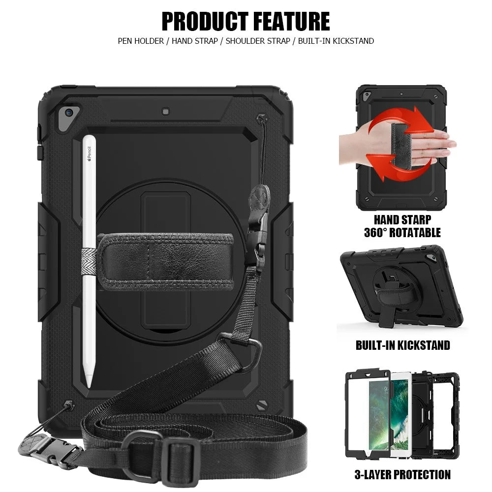 For iPad 9.7-inch (2018)/(2017)/Air 2/iPad Pro 9.7 inch (2016) 360° Swivel Handy Strap Kickstand Tablet Case PC Silicone Cover with Shoulder Strap - All Black - 3