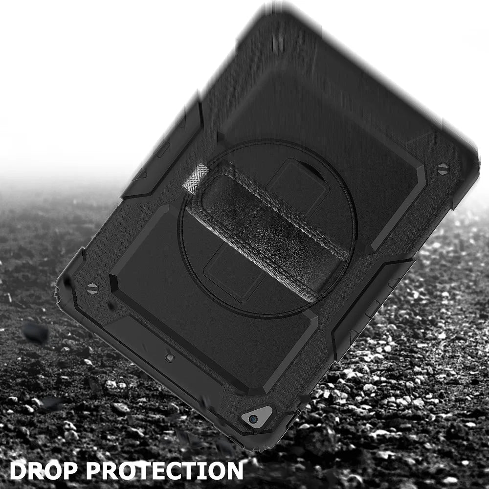 For iPad 9.7-inch (2018)/(2017)/Air 2/iPad Pro 9.7 inch (2016) 360° Swivel Handy Strap Kickstand Tablet Case PC Silicone Cover with Shoulder Strap - All Black - 4