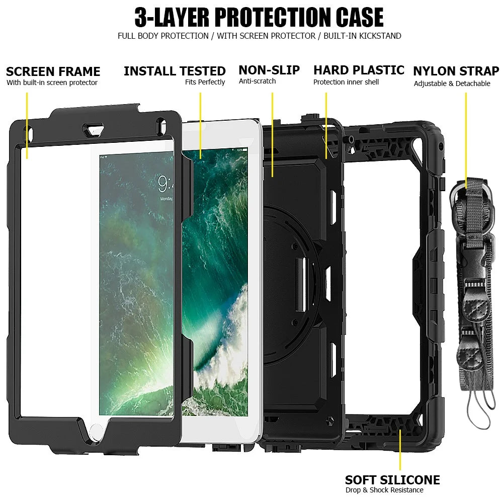 For iPad 9.7-inch (2018)/(2017)/Air 2/iPad Pro 9.7 inch (2016) 360° Swivel Handy Strap Kickstand Tablet Case PC Silicone Cover with Shoulder Strap - All Black - 5