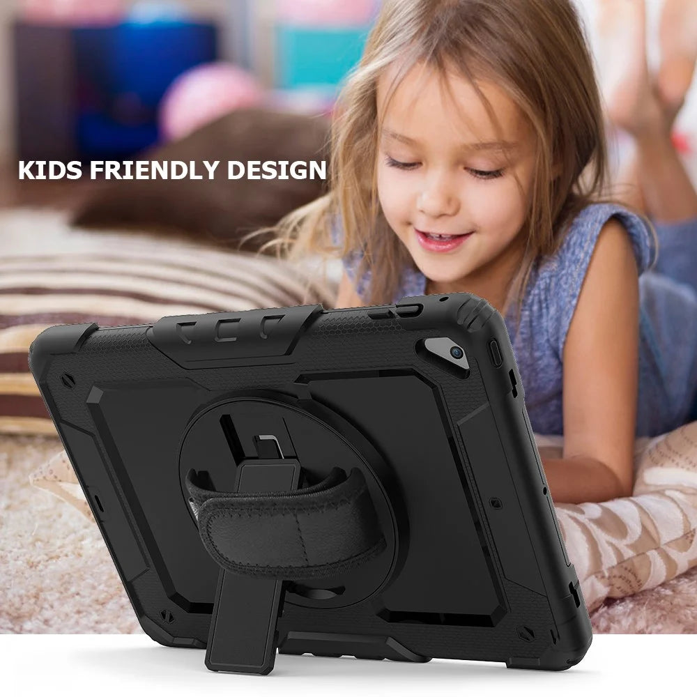 For iPad 9.7-inch (2018)/(2017)/Air 2/iPad Pro 9.7 inch (2016) 360° Swivel Handy Strap Kickstand Tablet Case PC Silicone Cover with Shoulder Strap - All Black - 6