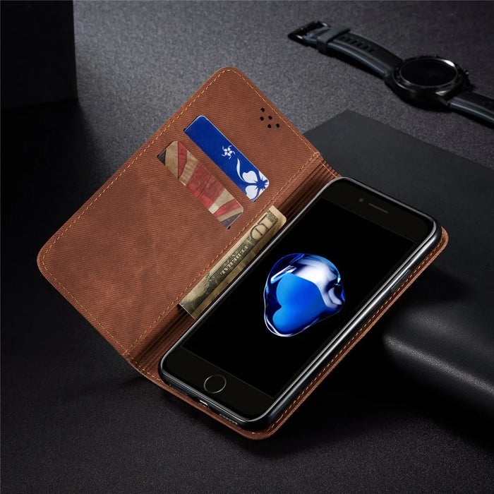 Jeans Cloth Texture Retro Style Leather Case for iPhone 6/6S - Brown - 4