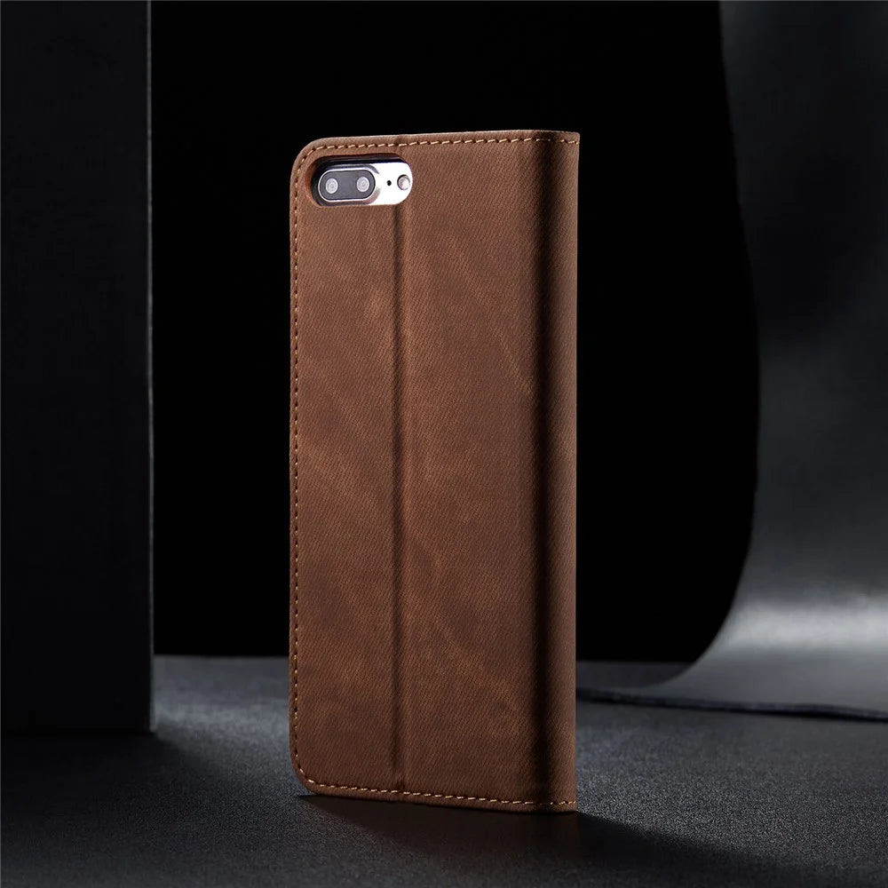 Retro Style Jeans Cloth Leather Wallet Stand Case for iPhone 8 Plus / 7 Plus - Coffee - 2