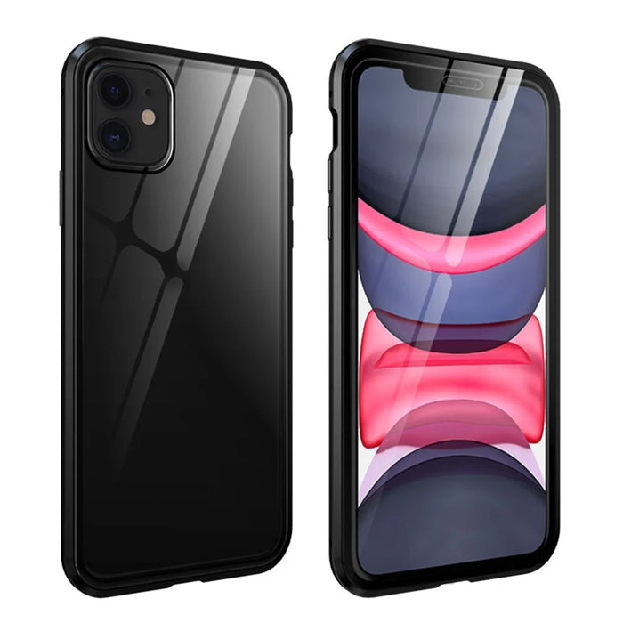 Full Covering Magnetic Metal Frame + Tempered Glass Touch Screen Phone Case for Apple iPhone 11 6.1 inch - Black - 1