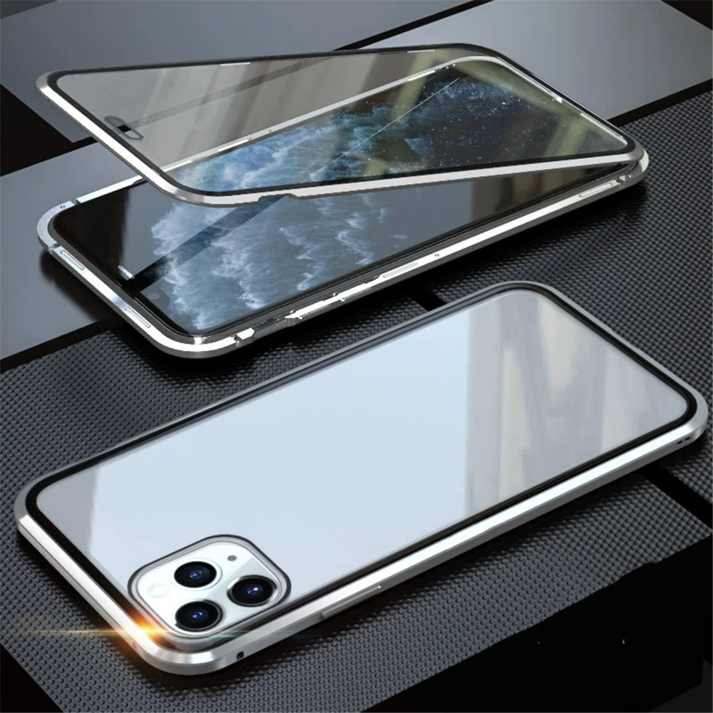 Full Covering Magnetic Metal Frame + Tempered Glass Touch Screen Phone Cover for Apple iPhone 11 Pro 5.8 inch - Silver - 1