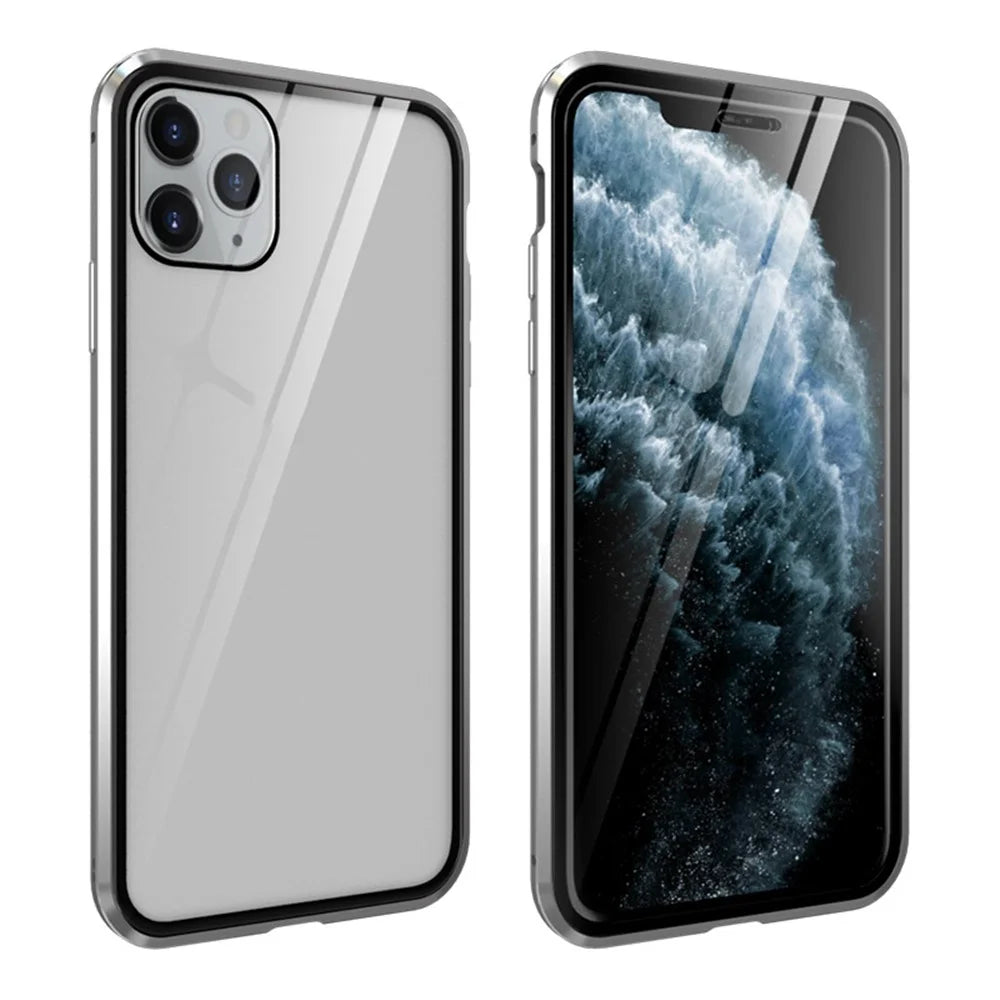 Full Covering Magnetic Metal Frame + Tempered Glass Touch Screen Phone Cover for Apple iPhone 11 Pro 5.8 inch - Silver - 2