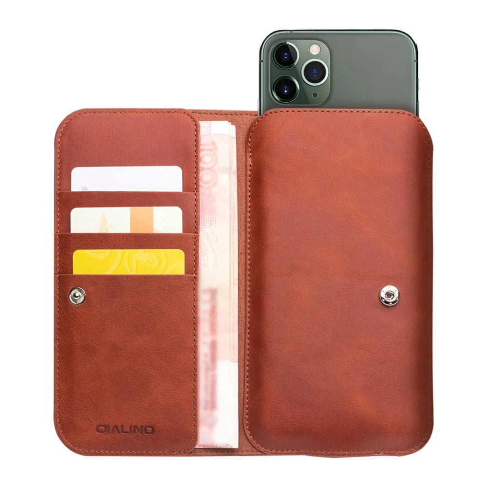 QIALINO Universal Cowhide Genuine Leather Wallet Case for Phone Within 6.9 inch iPhone 16 Series / 11 / 11 Pro Max - Brown - 1