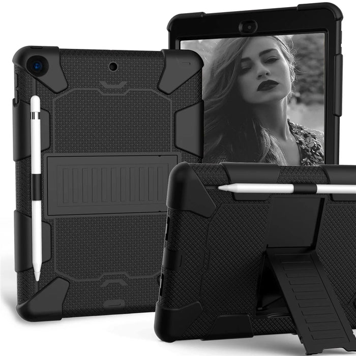 Hard PC + Silicone Kickstand Tablet Case Shockproof Cover Combo Shell for iPad 10.2 (2021)/(2020)/(2019) with Pen Holder - All Black - 1