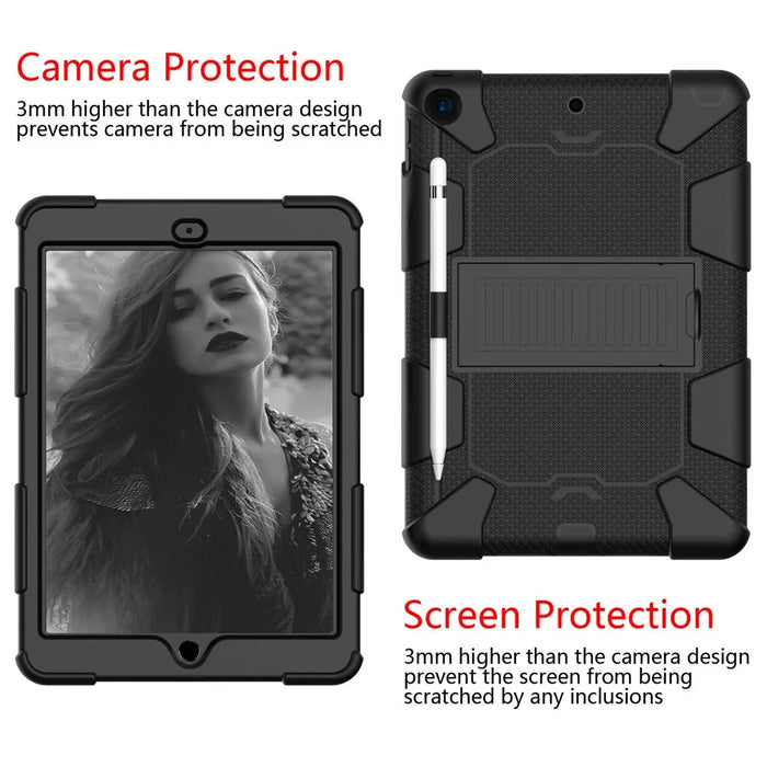 Hard PC + Silicone Kickstand Tablet Case Shockproof Cover Combo Shell for iPad 10.2 (2021)/(2020)/(2019) with Pen Holder - All Black - 2