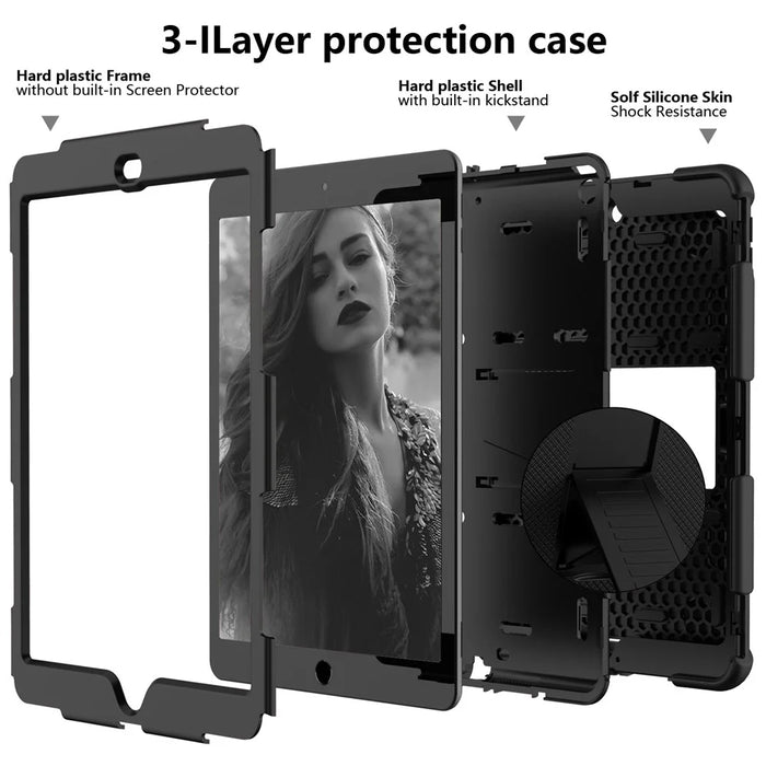 Hard PC + Silicone Kickstand Tablet Case Shockproof Cover Combo Shell for iPad 10.2 (2021)/(2020)/(2019) with Pen Holder - All Black - 3