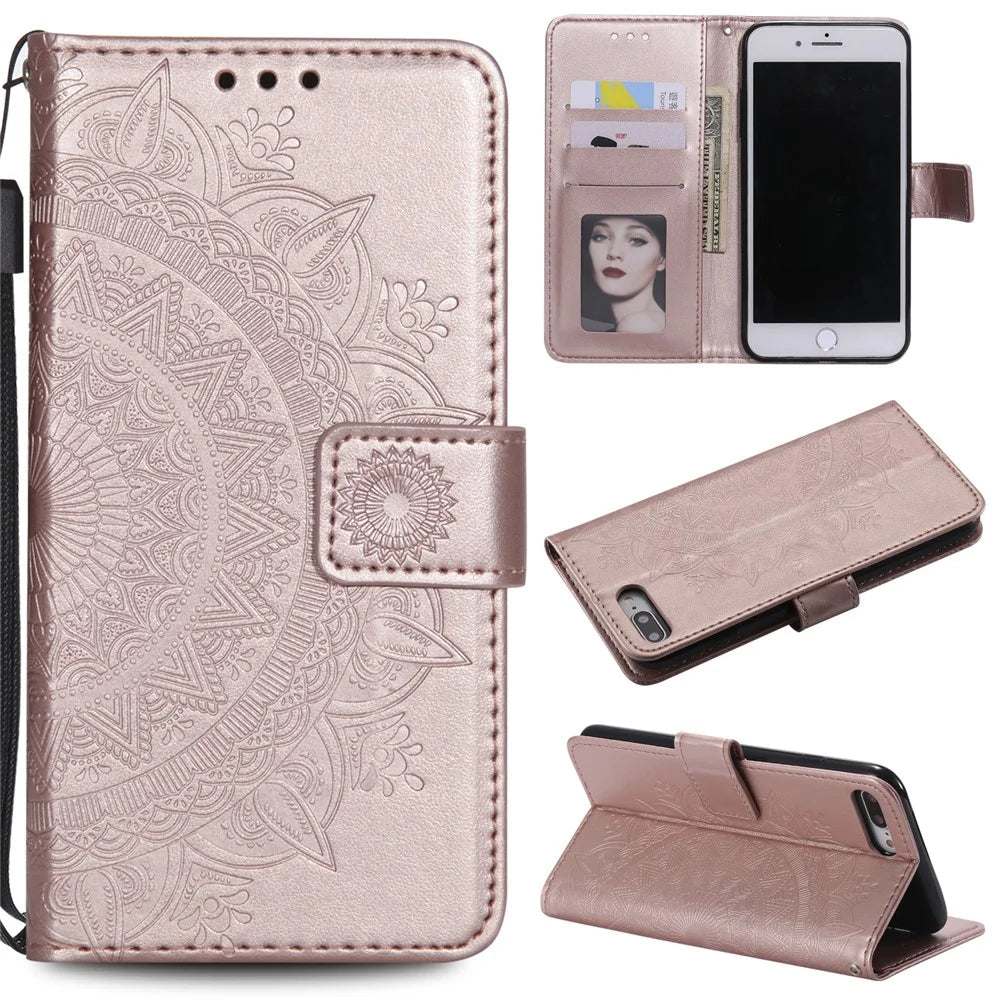 Imprint Flower Leather Wallet Phone Cover for iPhone 8/7 Plus 5.5 inch - Rose Gold - 1
