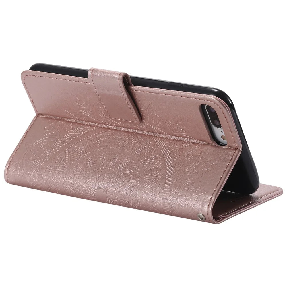 Imprint Flower Leather Wallet Phone Cover for iPhone 8/7 Plus 5.5 inch - Rose Gold - 7