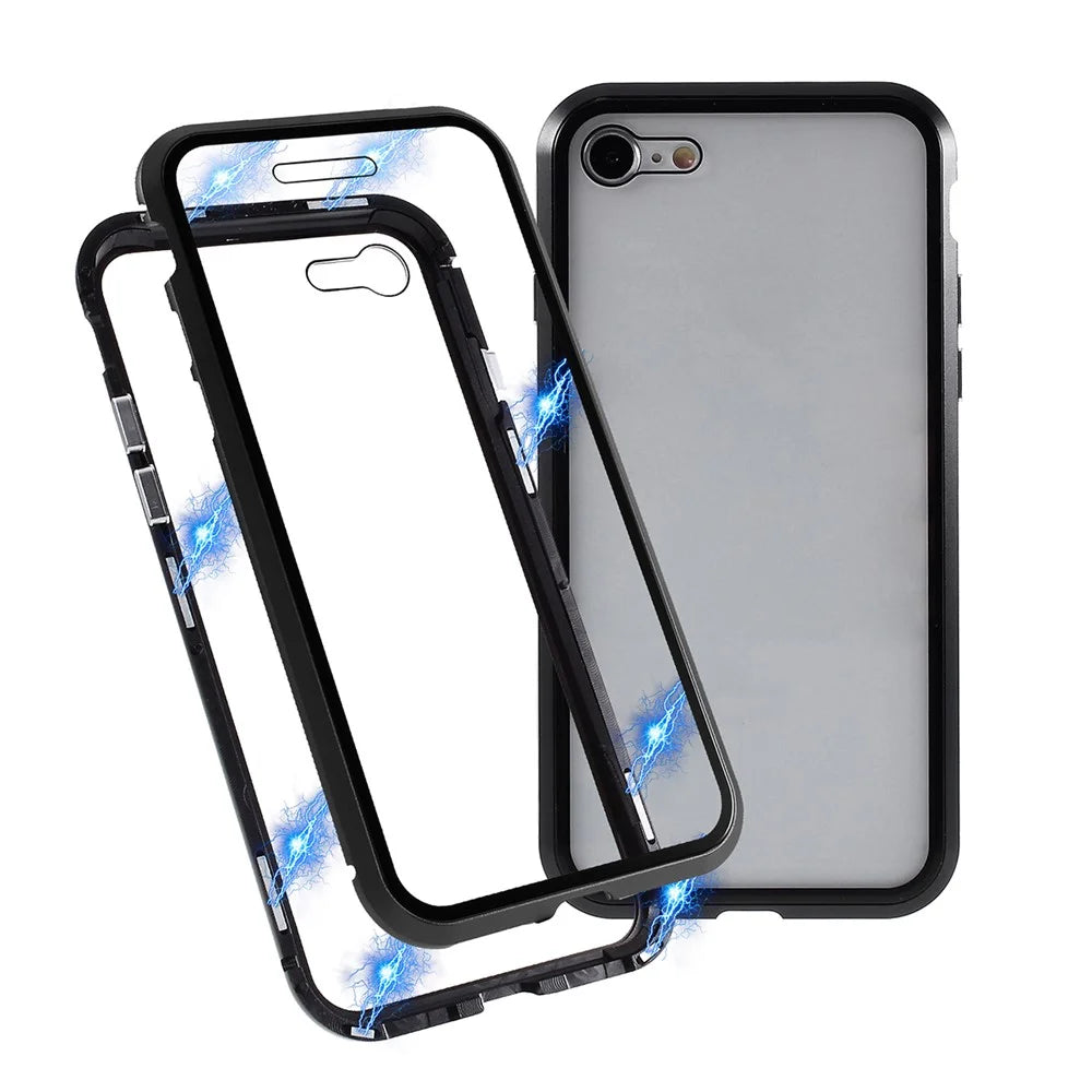 Magnetic Absorption Installation Phone Shell Covering Metal Frame + Dual-sided Tempered Glass Cell Phone Case for iPhone 8/7/SE (2020)/SE (2022) - Black - 1
