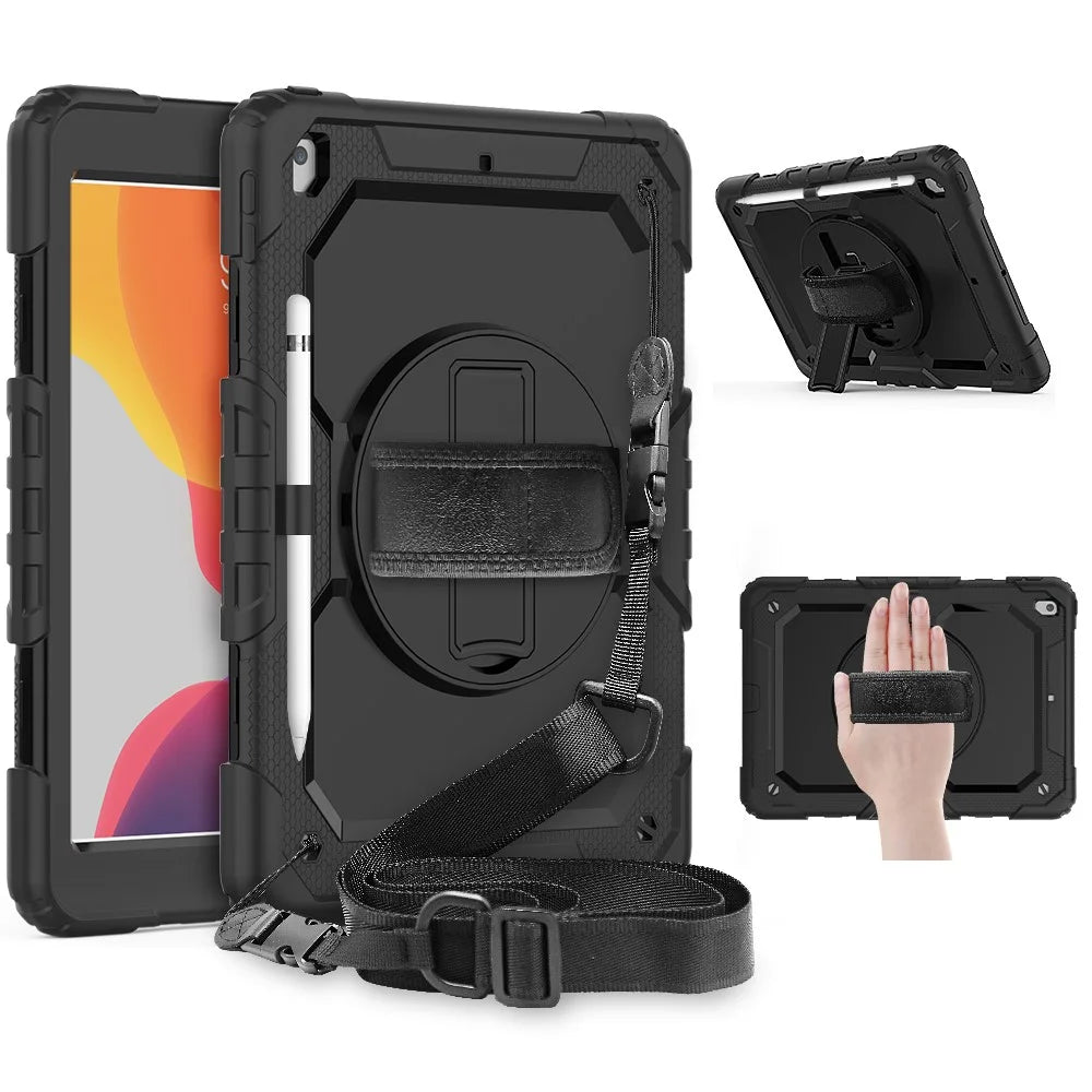 For iPad 10.2 (2020) / (2019) 360° Swivel Kickstand PC + Silicone Tablet Case Hand Strap Protective Cover with Shoulder Strap - All Black - 1