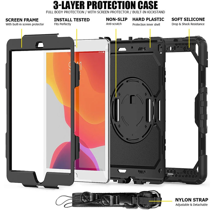For iPad 10.2 (2020) / (2019) 360° Swivel Kickstand PC + Silicone Tablet Case Hand Strap Protective Cover with Shoulder Strap - All Black - 4