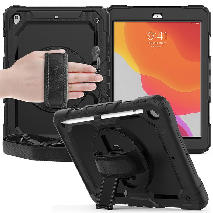 For iPad 10.2 (2020) / (2019) 360° Swivel Kickstand PC + Silicone Tablet Case Hand Strap Protective Cover with Shoulder Strap - All Black - 5