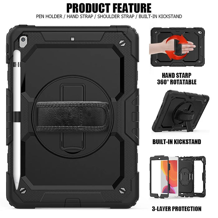 For iPad 10.2 (2020) / (2019) 360° Swivel Kickstand PC + Silicone Tablet Case Hand Strap Protective Cover with Shoulder Strap - All Black - 6