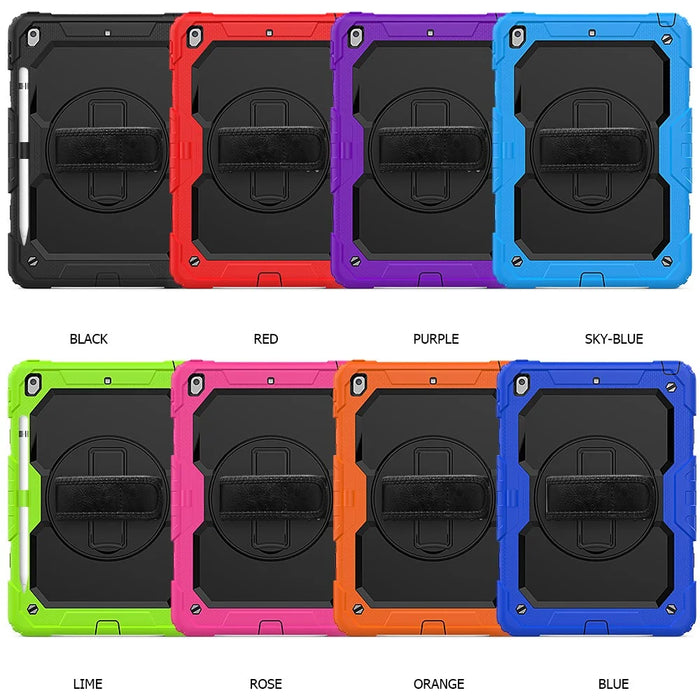 For iPad 10.2 (2020) / (2019) 360° Swivel Kickstand PC + Silicone Tablet Case Hand Strap Protective Cover with Shoulder Strap - All Black - 7