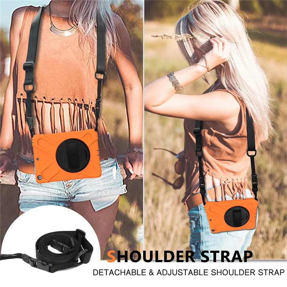 X-Shape PC + TPU Hybrid Case / 360 Degree Swivel Kickstand Shoulder Strap for iPad 10.2 (2021) / (2020) / (2019) - Orange - 6