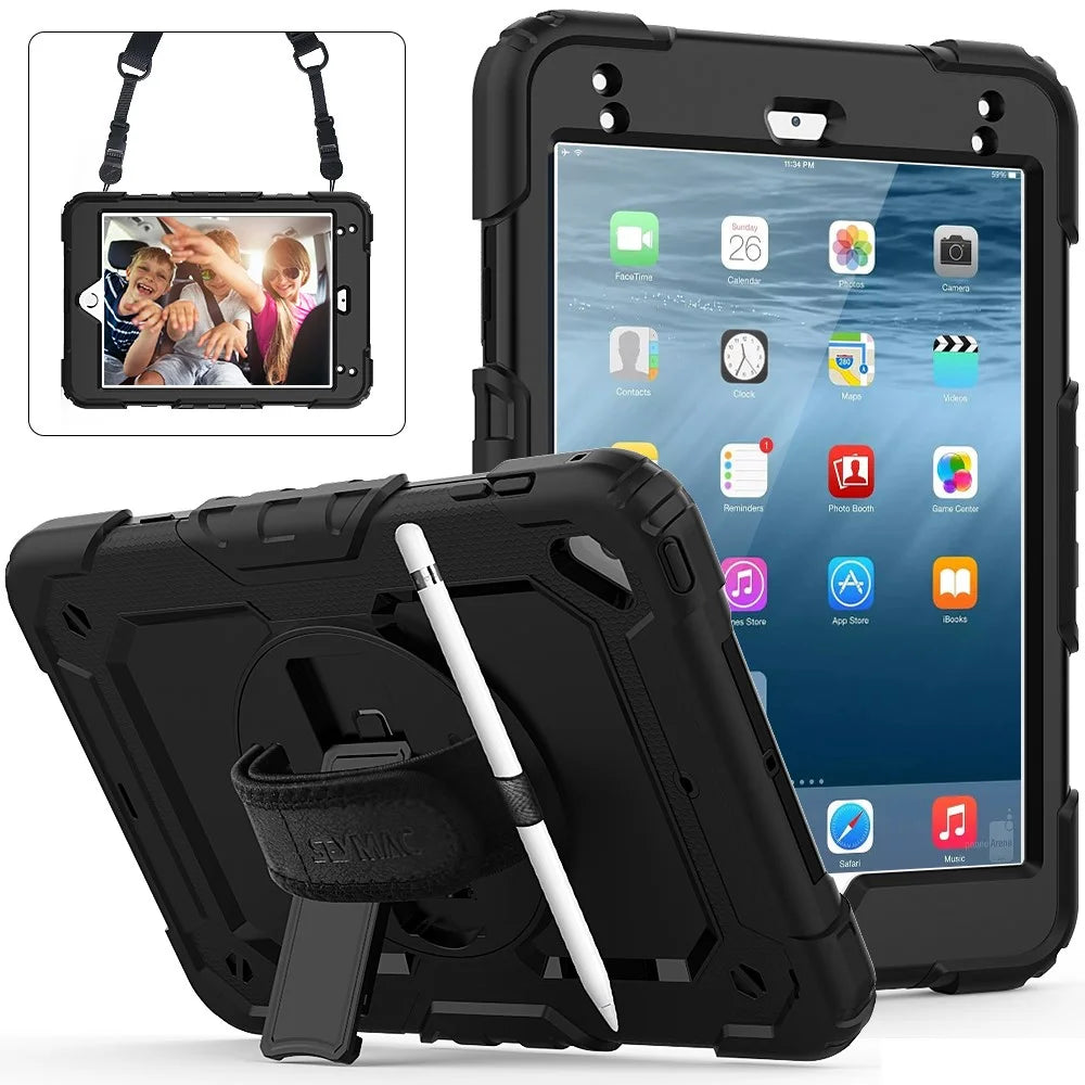 360° Swivel Handy Strap PC Silicone Kickstand Case with Shoulder Strap + Screen Protector for iPad mini (2019) 7.9 inch / mini 4 - Black - 1