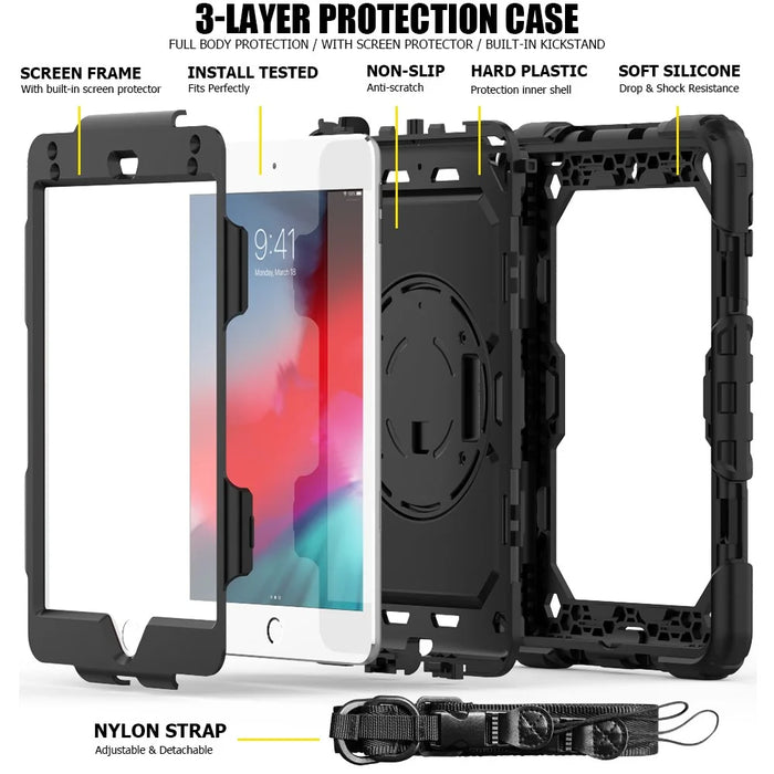 360° Swivel Handy Strap PC Silicone Kickstand Case with Shoulder Strap + Screen Protector for iPad mini (2019) 7.9 inch / mini 4 - Black - 4