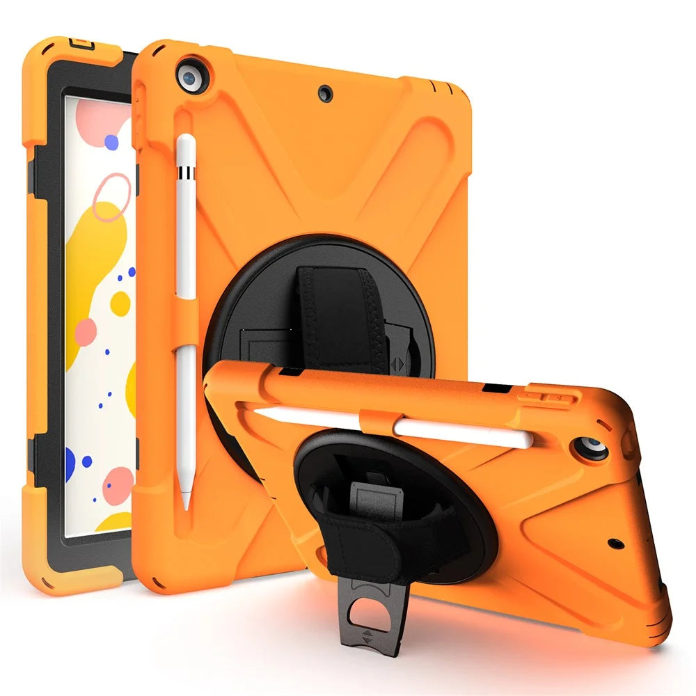 For iPad 10.2 (2021) / (2020) / (2019) 360 Degree Swivel Kickstand PC + Silicone Tablet Case Hand Holder Strap Anti-drop Case with Pen Slot - Orange - 1