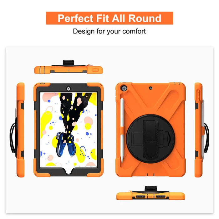For iPad 10.2 (2021) / (2020) / (2019) 360 Degree Swivel Kickstand PC + Silicone Tablet Case Hand Holder Strap Anti-drop Case with Pen Slot - Orange - 2