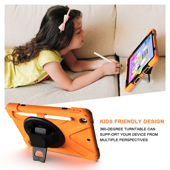 For iPad 10.2 (2021) / (2020) / (2019) 360 Degree Swivel Kickstand PC + Silicone Tablet Case Hand Holder Strap Anti-drop Case with Pen Slot - Orange - 3