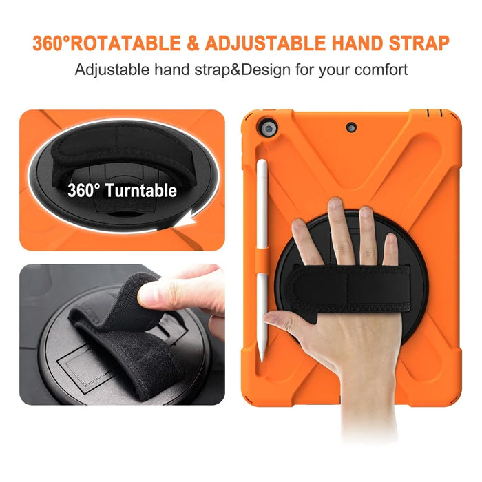 For iPad 10.2 (2021) / (2020) / (2019) 360 Degree Swivel Kickstand PC + Silicone Tablet Case Hand Holder Strap Anti-drop Case with Pen Slot - Orange - 4