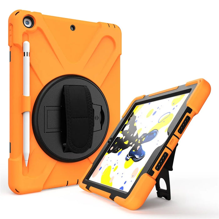 For iPad 10.2 (2021) / (2020) / (2019) 360 Degree Swivel Kickstand PC + Silicone Tablet Case Hand Holder Strap Anti-drop Case with Pen Slot - Orange - 5