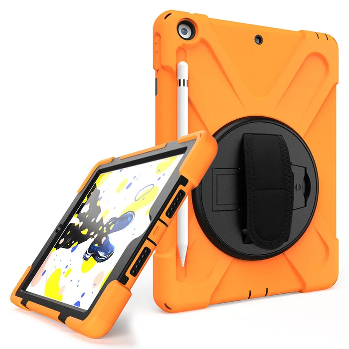 For iPad 10.2 (2021) / (2020) / (2019) 360 Degree Swivel Kickstand PC + Silicone Tablet Case Hand Holder Strap Anti-drop Case with Pen Slot - Orange - 6