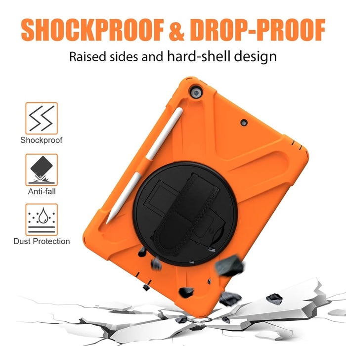 For iPad 10.2 (2021) / (2020) / (2019) 360 Degree Swivel Kickstand PC + Silicone Tablet Case Hand Holder Strap Anti-drop Case with Pen Slot - Orange - 7