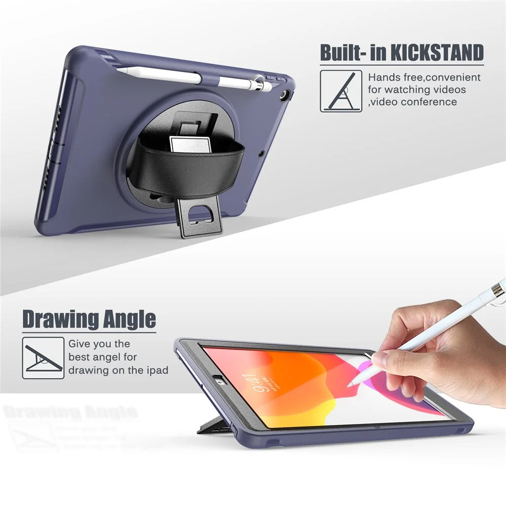 360° Swivel Kickstand PC + TPU Tablet Back Shell with Hand Strap for iPad 10.2 (2021)/(2020)/(2019) - Blue - 3