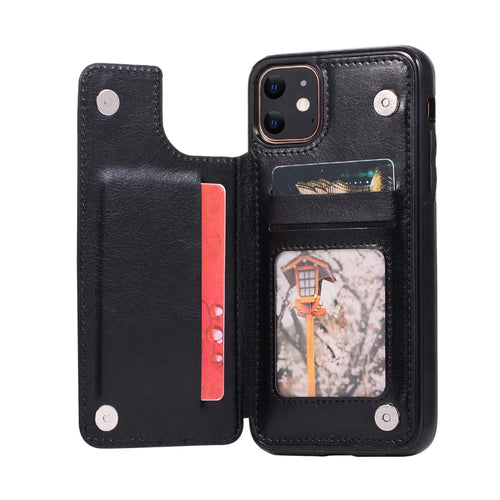 Crazy Horse Leather Coated TPU Phone Case with Card Slots Kickstand Shell for iPhone 11 6.1-inch - Black - 1