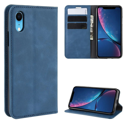 Silky Touch Leather Wallet Stand Cell Phone Case for iPhone XR 6.1 inch - Blue - 1