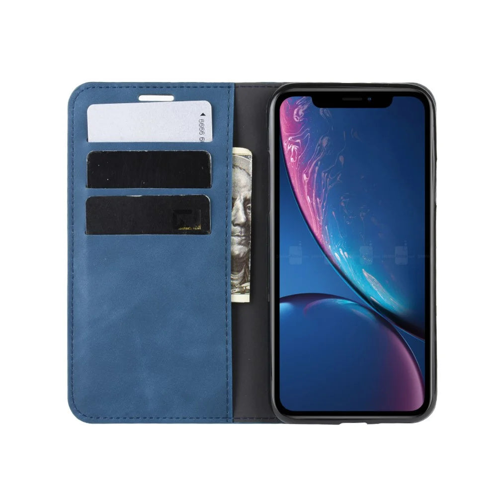 Silky Touch Leather Wallet Stand Cell Phone Case for iPhone XR 6.1 inch - Blue - 6