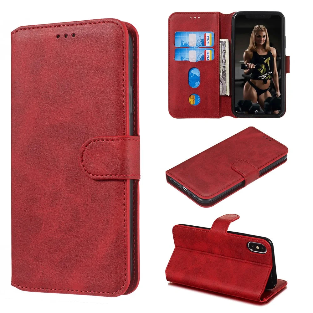 For iPhone X/XS 5.8 inch Solid Color Flip Leather Wallet Mobile Phone Shell - Red - 1
