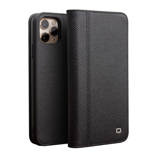 QIALINO for Apple iPhone 11 Pro 5.8 inch Cross Texture Genuine Leather Wallet Detachable 2 in 1 Phone Cover - Black - 1