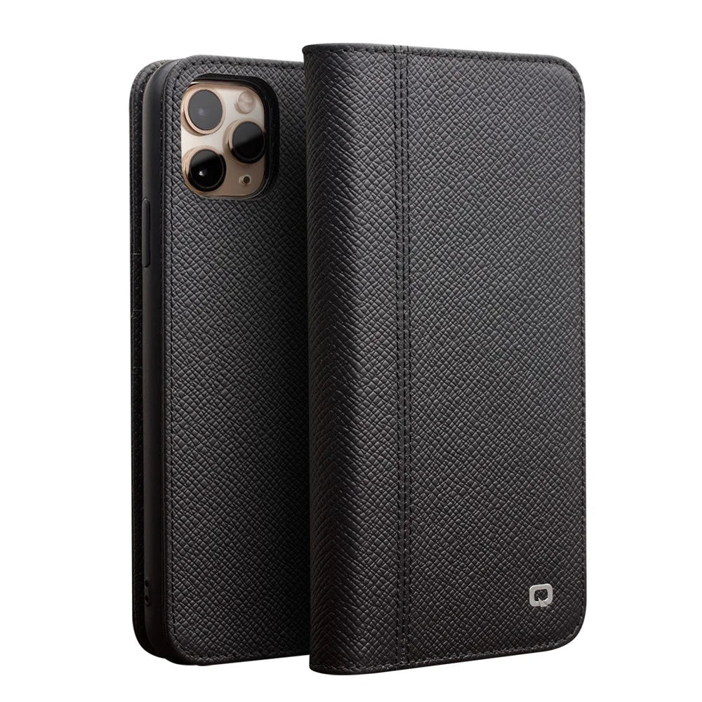 QIALINO for Apple iPhone 11 Pro 5.8 inch Cross Texture Genuine Leather Wallet Detachable 2 in 1 Phone Cover - Black - 1