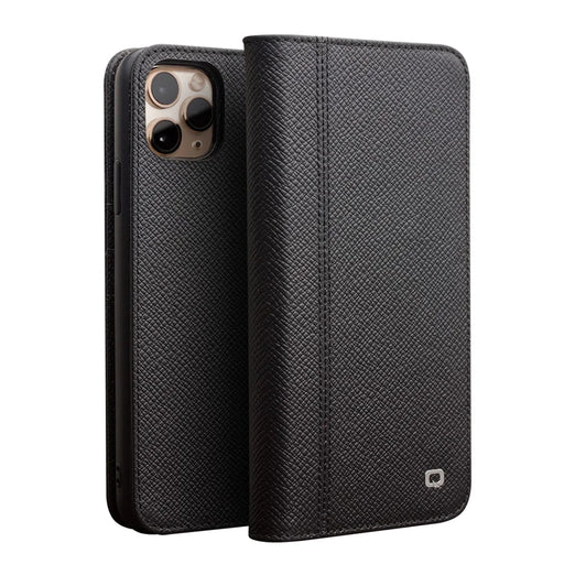 QIALINO for Apple iPhone 11 Pro 5.8 inch Cross Texture Genuine Leather Wallet Detachable 2 in 1 Phone Cover - Black - 1