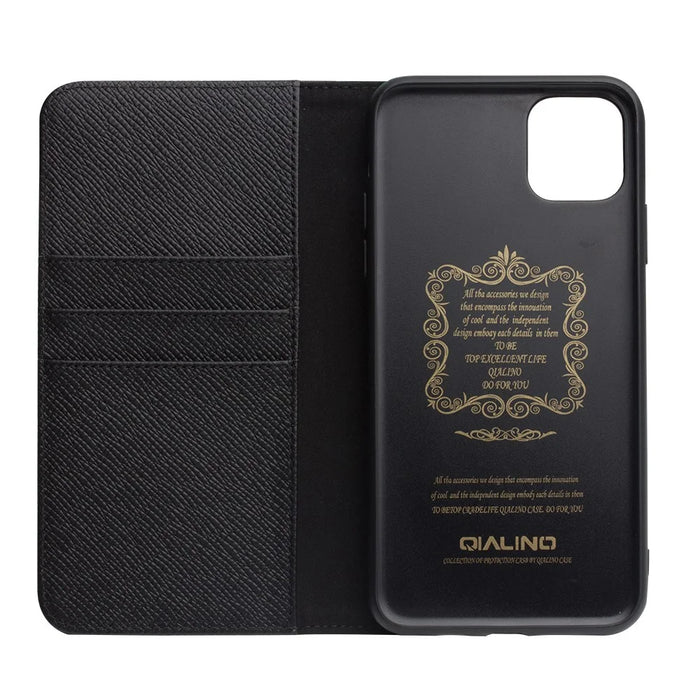 QIALINO for Apple iPhone 11 Pro 5.8 inch Cross Texture Genuine Leather Wallet Detachable 2 in 1 Phone Cover - Black - 2